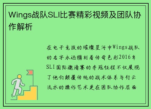 Wings战队SLI比赛精彩视频及团队协作解析