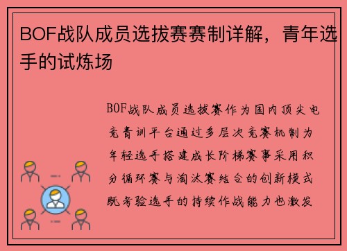 BOF战队成员选拔赛赛制详解，青年选手的试炼场
